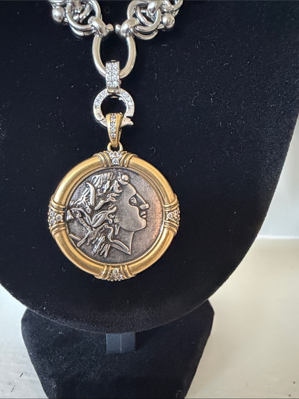 Two-Tone Silver and Gold Medallion Pendant Necklace - Women's Jewelry - Picture 2 of 5